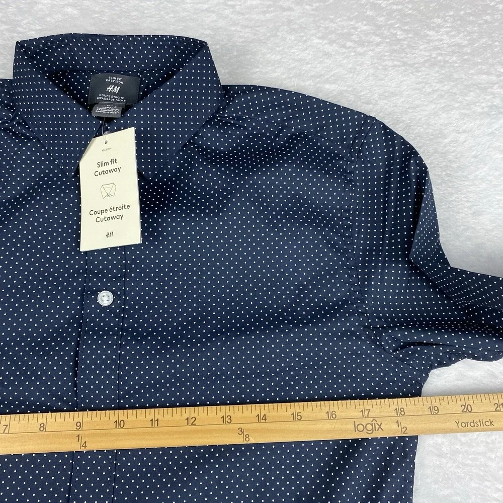 H&M Dress Shirt Mens Small Navy Blue w/White Dots Slim Fit Easy Iron NWT!